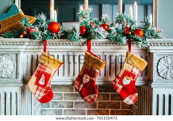Christmas Stockings On Fireplace Stock Photo Edit Now 761150473
