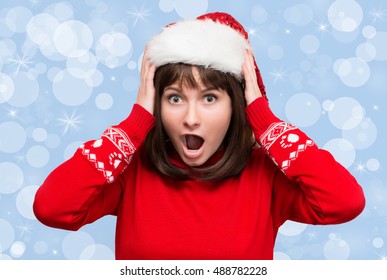 Christmas Stress - Busy Woman Wearing Santa Hat Stressing For Christmas Shopping. Funny Image Of Shouting Santa Girl On Holiday Background.