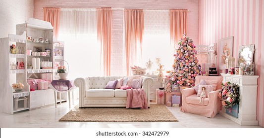 Christmas Studio Room Interior Made In Pink Tones. 