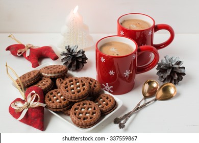 Christmas Style. Coffee In Red Mugs With Cookies And Marshmallow.Winter Theme.