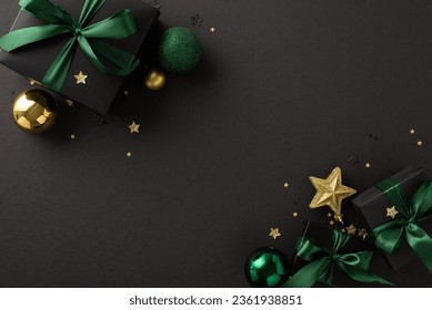 Christmas surprises from Santa theme. Overhead shot of elegant black gift boxes adorned with green bows, gold and green ornaments, sparkling stars, glitter on black backdrop with room for your message - Powered by Shutterstock