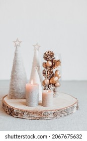 Christmas Table Decoration With Candles And Handmade Minimalist Christmas Trees. Festive Interior Design, Easy And Cheap Diy Centerpiece Idea.