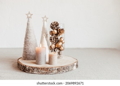 Christmas Table Decoration With Candles And Handmade Minimalist Christmas Trees. Festive Interior Design, Easy And Cheap Diy Centerpiece Idea.