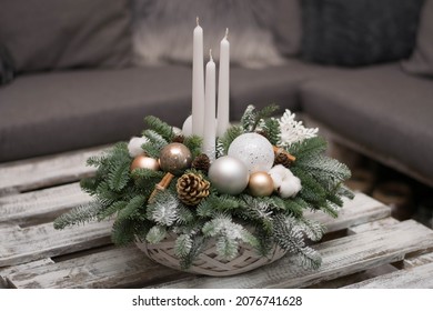 Christmas Table Decoration With Candles. White Table Arrangement.