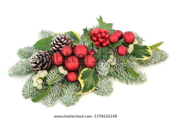 Christmas Table Decoration Red Bauble Decorations Stock Photo