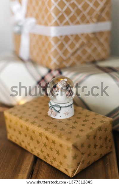 Christmas Table Decorations Wrapped Presents Snow Stock Photo