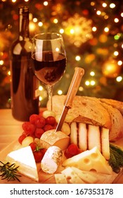 Christmas Table, Festive Food Still Life, Romantic Cheese And Wine Set Up, Xmas Party At Home 