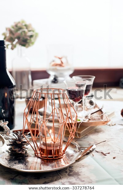 Christmas Table Setting Decorations Glasses Port Food And Drink