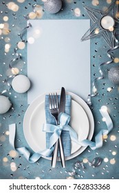 Christmas Table Setting For Holiday Dinner Top View. Empty Paper Blank With Space For Text.