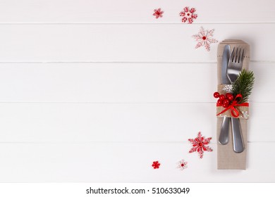 Christmas Table Setting On White Wooden Table.Christmas Card Template