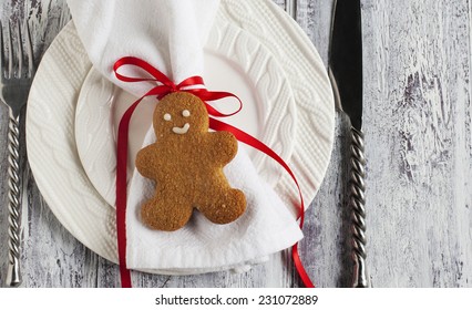 Christmas table setting. Top view.