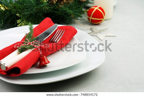 Christmas Table Setting White Plate Knife Stock Photo Edit Now