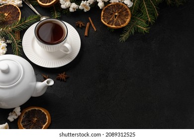 Christmas Tea Party On Dark Background With Copy Space