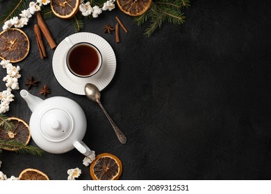 Christmas Tea Party On Dark Background With Copy Space