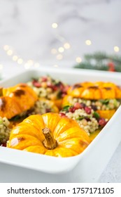 Christmas Thanksgiving Meal Stuffed Pumpkin Tabouleh Pomgrenate Herbs Fresh Oven Baked Festive Vegan Dinner