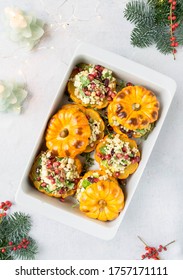 Christmas Thanksgiving Meal Stuffed Pumpkin Tabouleh Pomgrenate Herbs Fresh Oven Baked Festive Vegan Dinner