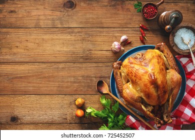 Christmas Or Thanksgiving Turkey On Rustic Wooden Table