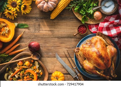 Christmas Or Thanksgiving Turkey On Rustic Wooden Table