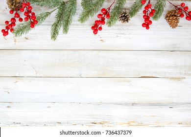 Christmas Theme Background With Decorating Elements And Ornament Rustic On White Wood Table. Creative Flat Layout And Top View Composition With Border And Copy Space Design.