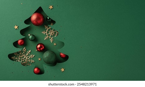 Christmas theme featuring a tree cutout filled with red and green ornaments, snowflakes, and stars on a green backdrop, symbolizing holiday creativity and joy - Powered by Shutterstock