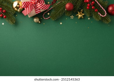 Christmas themed background featuring ornaments, a gift box with a red ribbon, and pine branches for seasonal decorations - Powered by Shutterstock