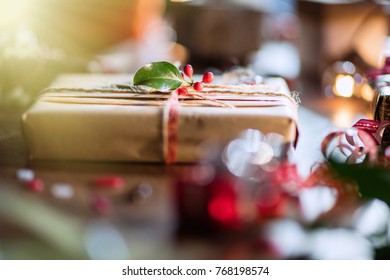 Christmas Time. Close-up Of Ribbon Gifts And Decorations For The End Of Year Festivities