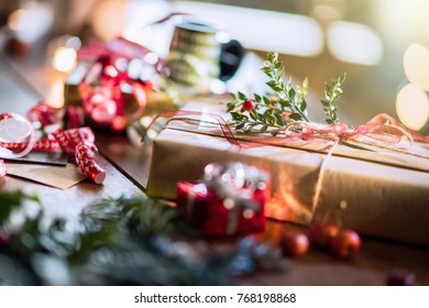 Christmas Time. Close-up Of Ribbon Gifts And Decorations For The End Of Year Festivities