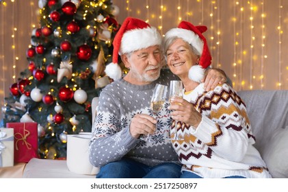 Christmas time. Portrait of smiling senior couple in Santa hat toasting with two glasses of sparkling wine at home. Christmas and New Year celebration concept - Powered by Shutterstock