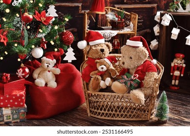 Christmas time with teddy beat family at cozy, rustic style home with Christmas tree and presents  - Powered by Shutterstock