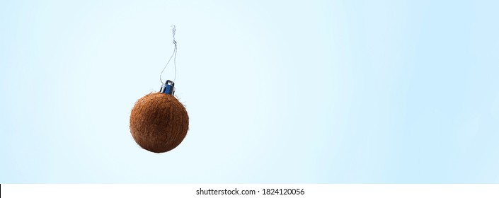 Christmas Toy From Coconut Over Blue Background. Christmas Toy Concept For Decorating The Christmas Tree