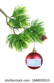 Christmas Toy With Medical Mask On Fir Tree Branch Isolated Over White Background