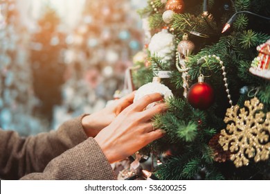 Christmas toys on the Christmas tree with a close angle