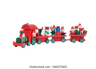 Christmas Train Toy Model Carry Snowman And Gifts Isolated On White Background.