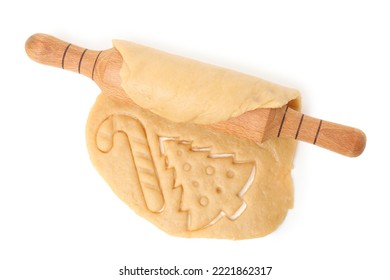 Christmas Treat. Dough And Rolling Pin Isolated On White, Top View