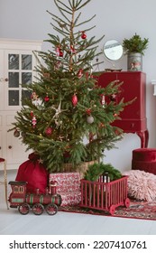 Christmas Tree In Aesthetic Home Interior. Christmas Atmosphere. Home Decorating. Winter Holidays Background.