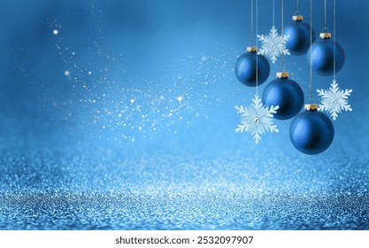 Christmas tree bauble and hanging snowflake on glitter blue background with bokeh light. Festive winter holiday decoration and ornament. Modern design with copy space for card, banner, invitation - Powered by Shutterstock