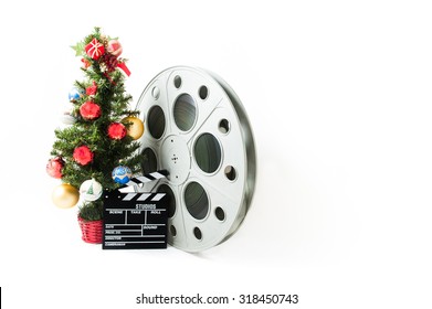 Christmas tree with big movie reel and clapperboard