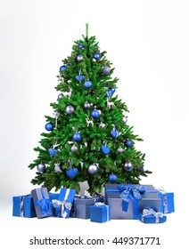 Christmas tree with blue and silver balls