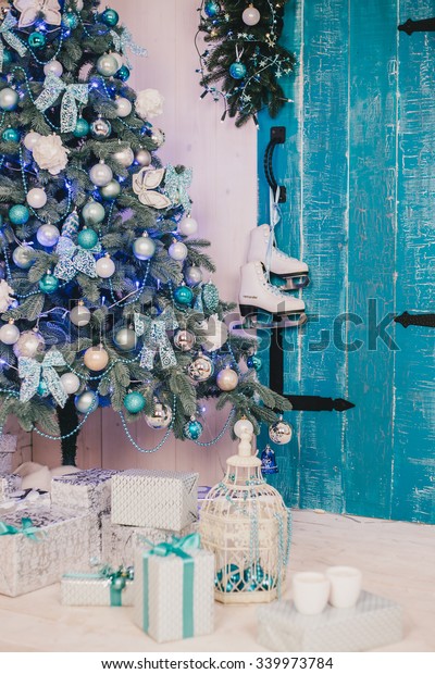 Christmas Tree Blue Silver Details Interior Stock Photo Edit Now