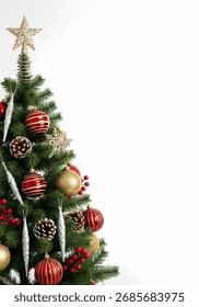 Christmas Tree Border or Frame with Red and Gold Ornaments on White Background and Copy Space