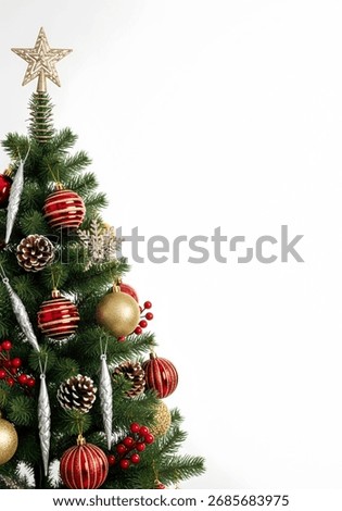 Christmas Tree Border or Frame with Red and Gold Ornaments on White Background and Copy Space