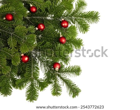 Christmas tree border and red balls decoration isolated on white transparent, Xmas holiday garland with baubles, top view