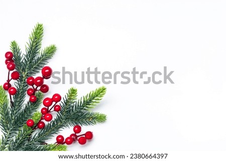 Christmas tree branch, Christmas balls, poinsettia, berries on white background Xmas composition Merry Christmas, New Year concept Top view Flat lay Holiday 2024 greeting card Banner Mock up