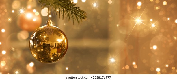 Christmas tree branch with golden ball and blur background. - Powered by Shutterstock