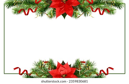 Christmas tree branches, bells and red poinsettia flowers in a holiday frame isolated on white background