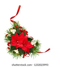 Christmas Tree Branches With Berries, Poinsettia Flowers And Silk Ribbon In A Corner Arrangement Isolated On White Background. Flat Lay. Top View.