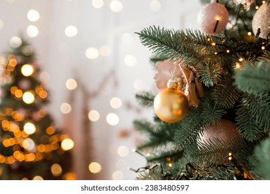 Christmas tree branches with decorations, balls, garlands, bokeh. Postcard with space for text. Merry christmas card. Winter holiday theme. Happy New Year.	 - Powered by Shutterstock