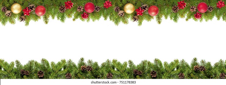 Christmas tree branches on white background as a border or template for christmas card