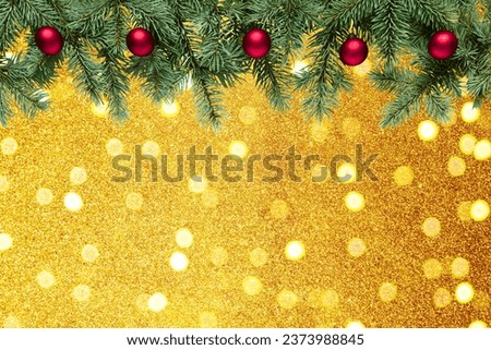 Christmas tree branches with red balls, border. Golden glitter confetti, luxury Christmas backdrop with stars and bokeh lights. Holiday greeting card. Blank Mockup for your congratulations