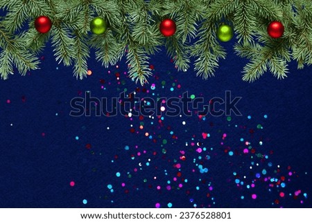Christmas tree branches with red and green balls, border. Blue glitter confetti, luxury Christmas backdrop with stars and bokeh lights. Holiday greeting card. Blank Mockup for your congratulations